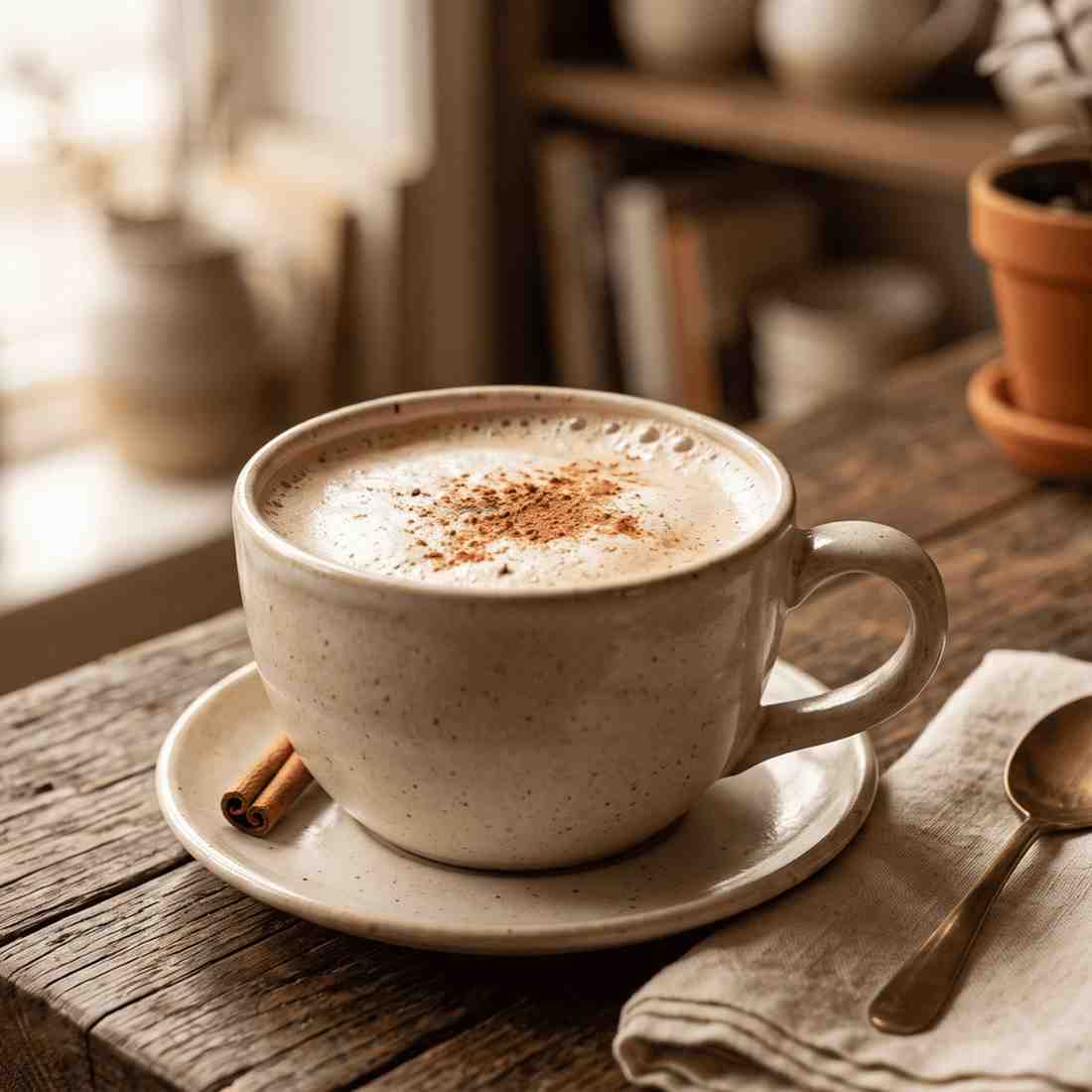 A top-down view of a creamy latte with intricate rosetta latte art in a classic ceramic cup on a saucer, set against a warm minimalist background.