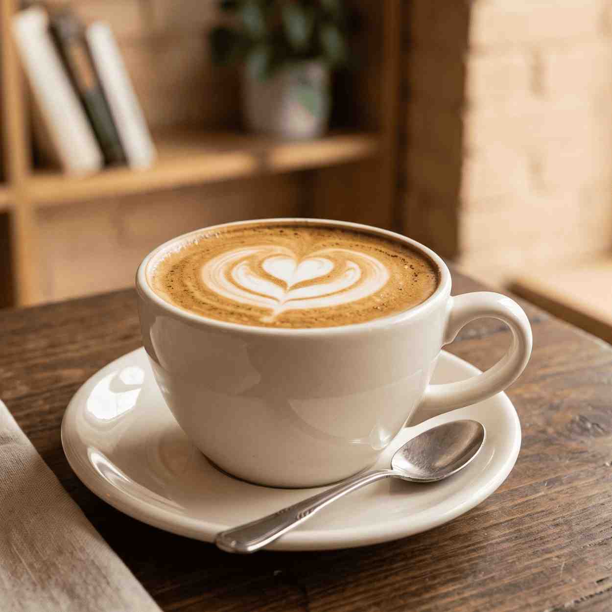 An elegant top-down view of a classic cappuccino with a heart-shaped latte art design in a minimalist white cup on a matching saucer, warm lighting.