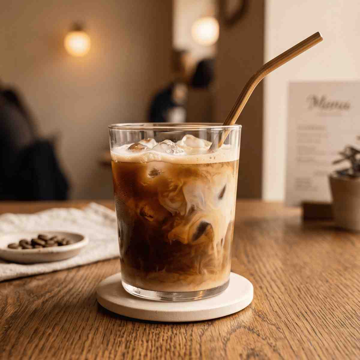 A tall glass mug of iced coffee layered with milk and topped with foam, condensation dripping down the sides, bright and refreshing aesthetic.
